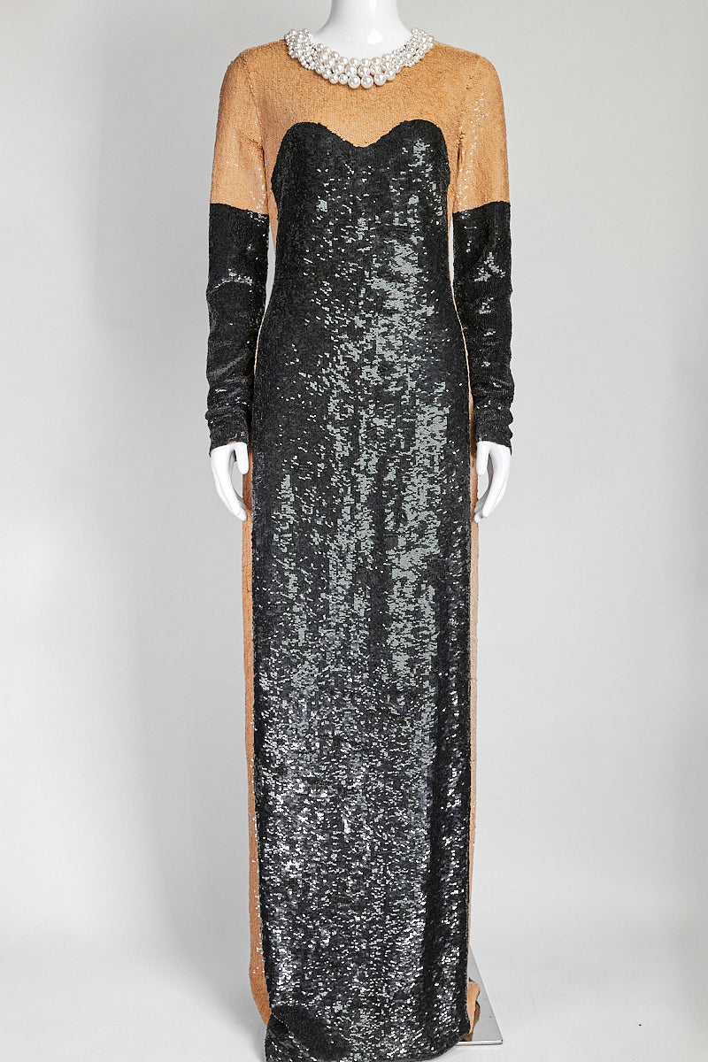 Michael Kors Beige/Black Sequin Gown with Pearl Detail US 8