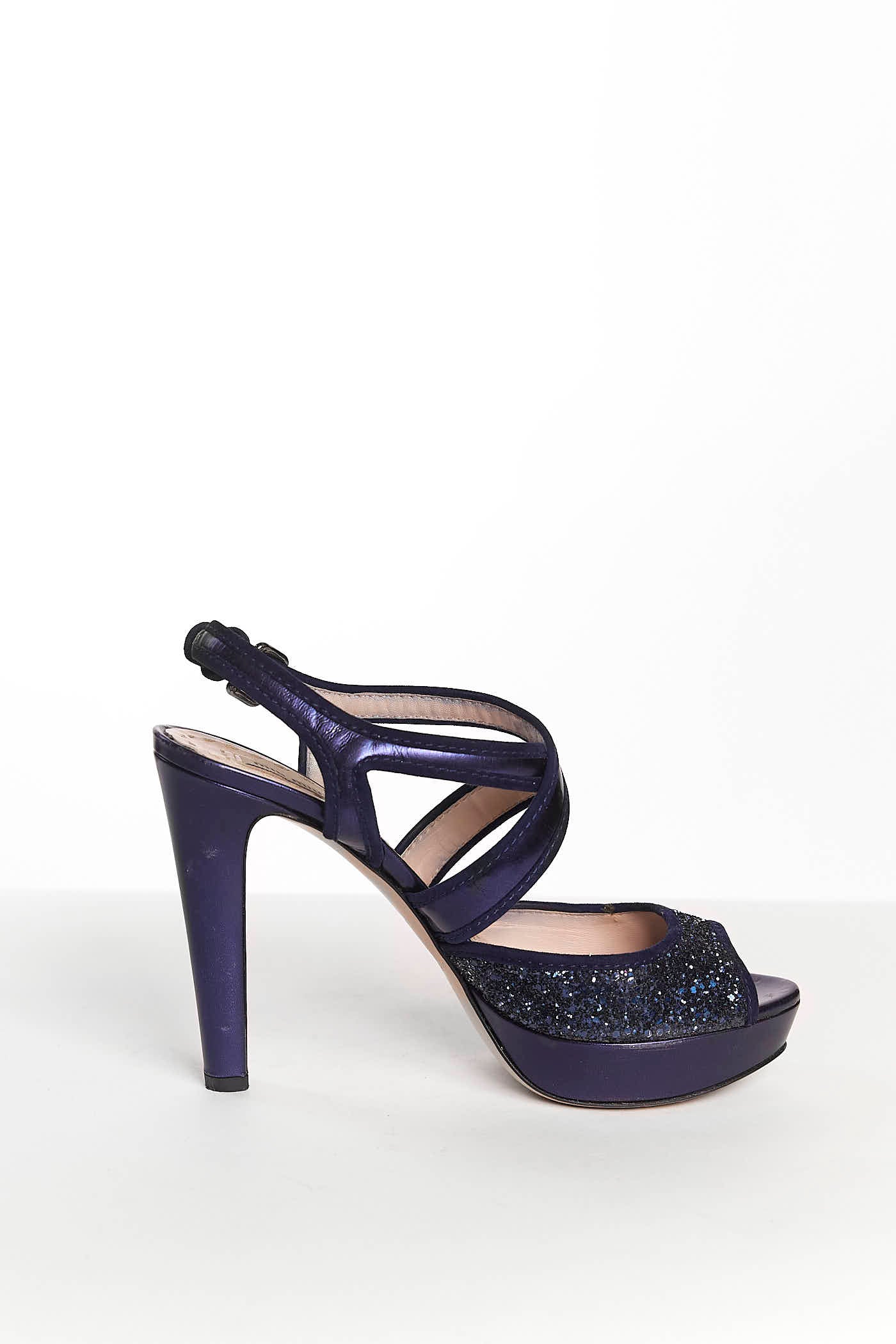 Miu Miu Blue Glitter Strap Heel 40.5