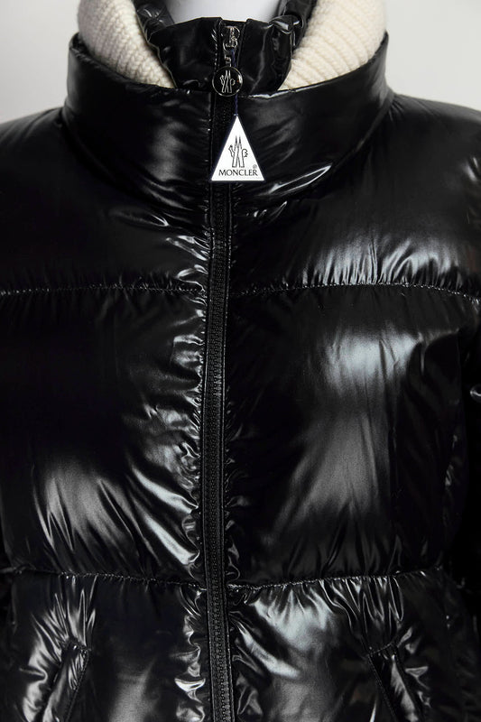 Moncler Black Puffer Jacket with White Ribbed Collar 1