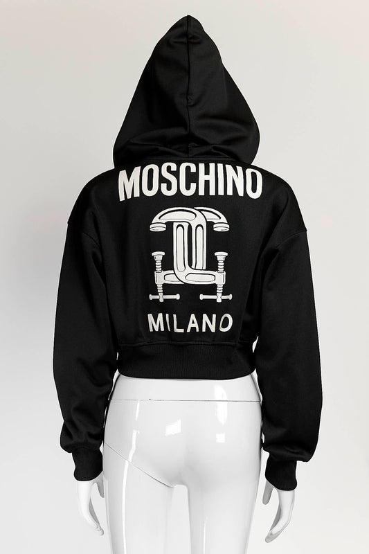 Moschino Couture Cropped Black Hoodie with Logo