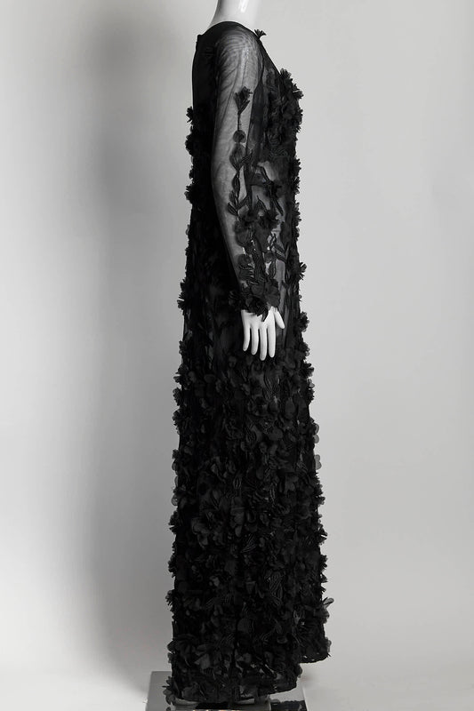 NARCES Hina Black Embellished Floral Gown