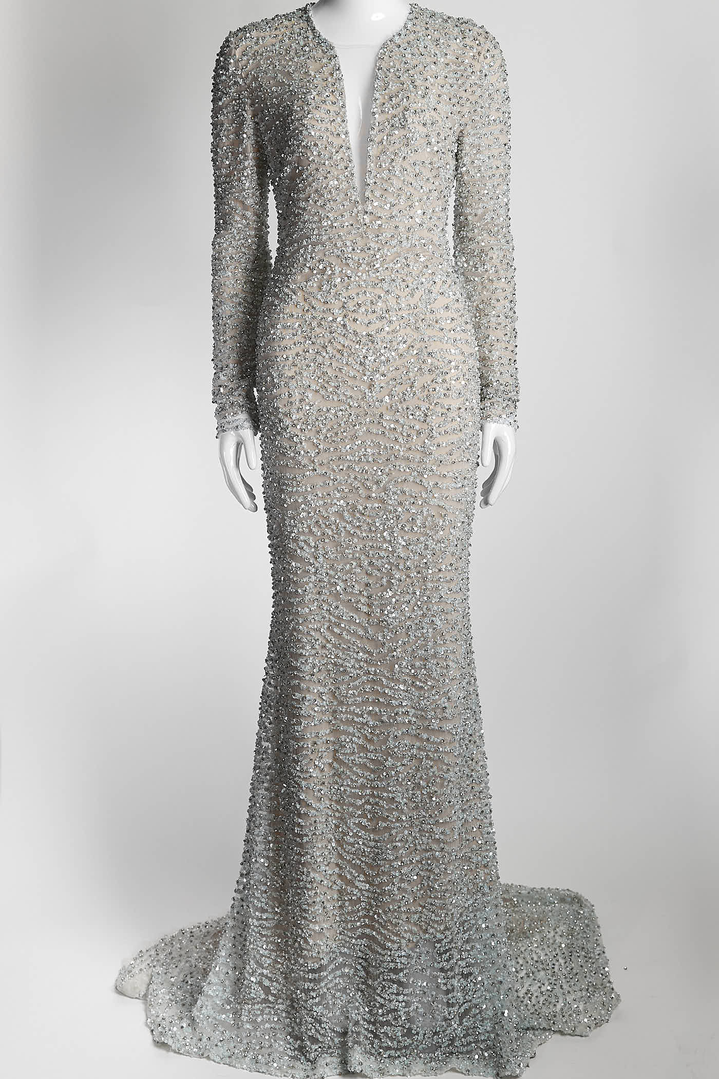 Naeem Khan Silver Sequin Evening Long Gown 4