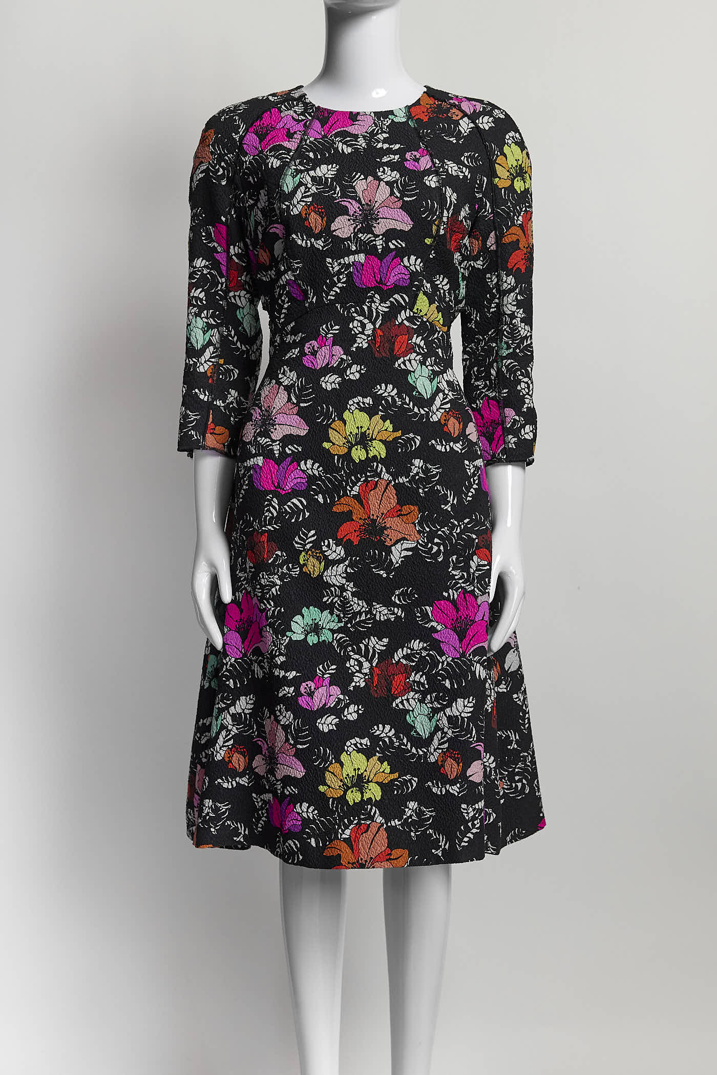 Oscar de la Renta Black Floral Silk A Line Dress 8