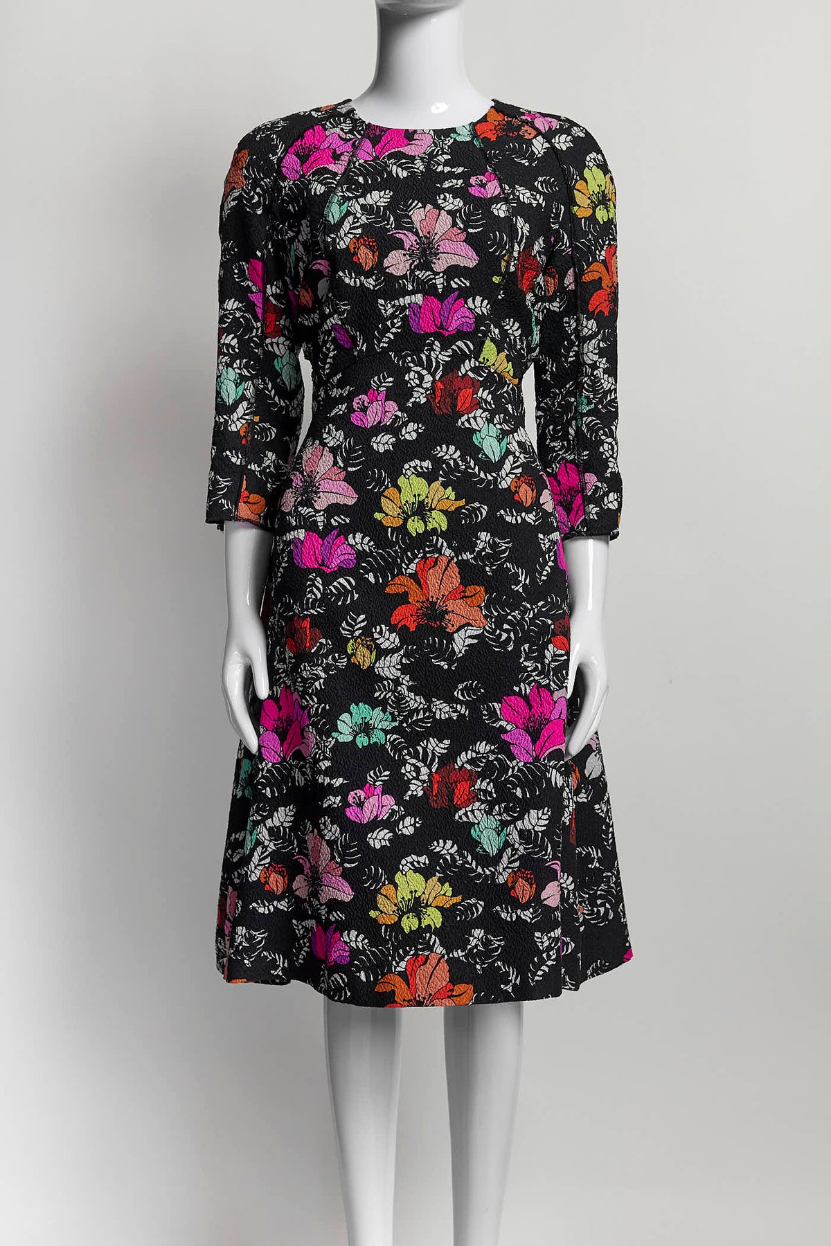 Oscar de la Renta Black Floral Silk A Line Dress 8