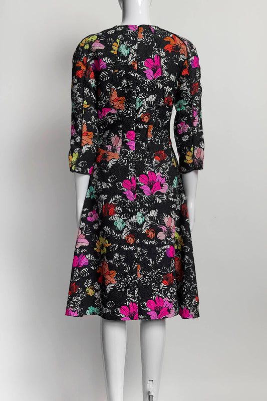 Oscar de la Renta Black Floral Silk A Line Dress 8