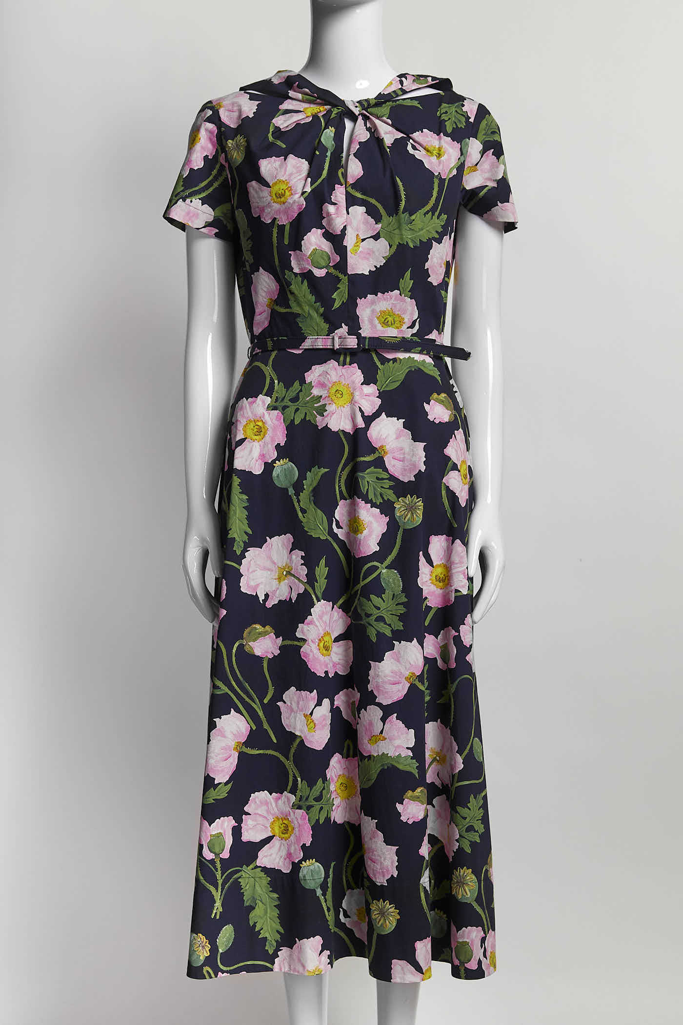 Oscar de la Renta Black/Pink Floral Short-sleeved Dress with Belt 4