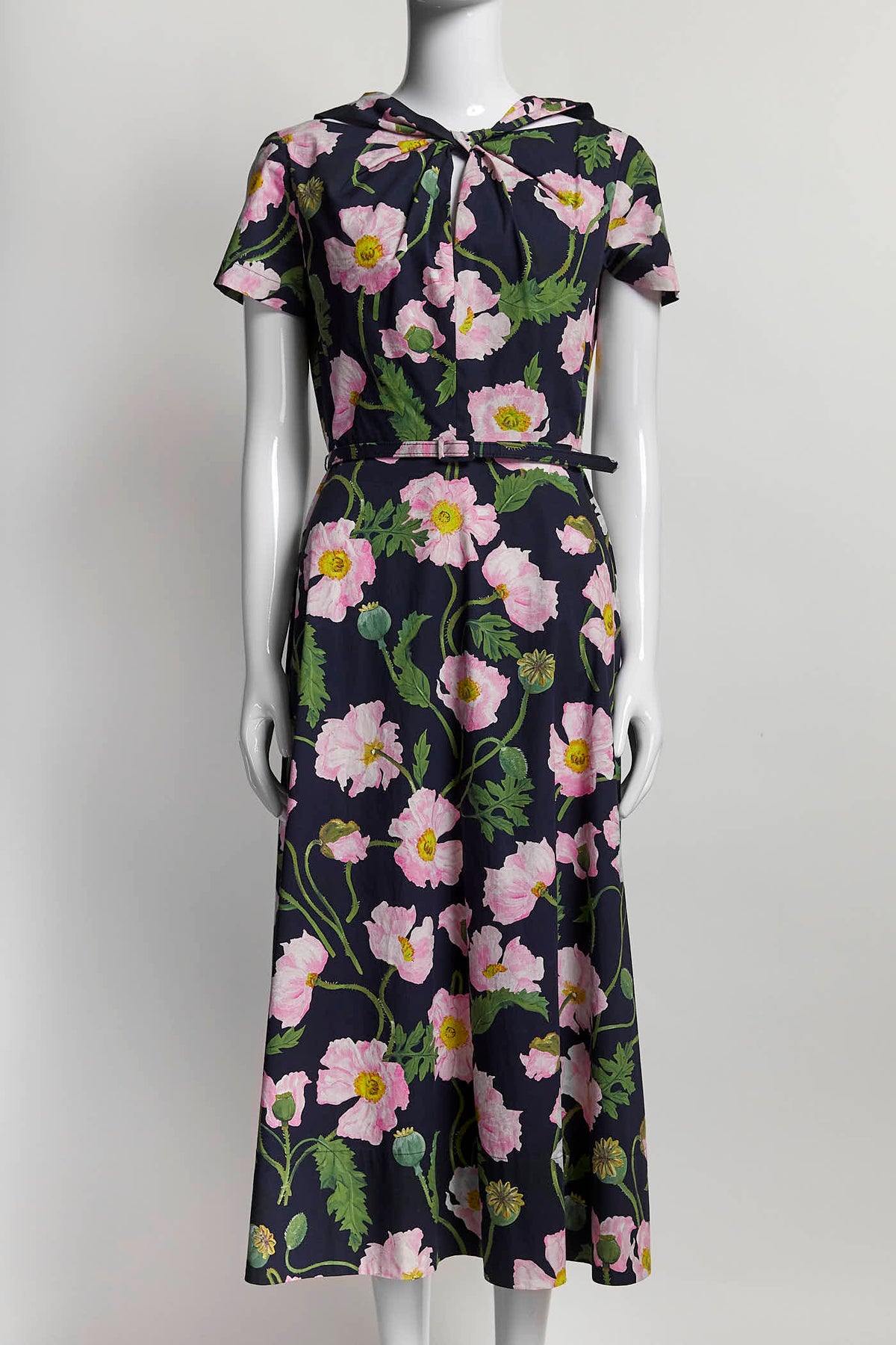 Oscar de la Renta Black/Pink Floral Short-sleeved Dress with Belt 4