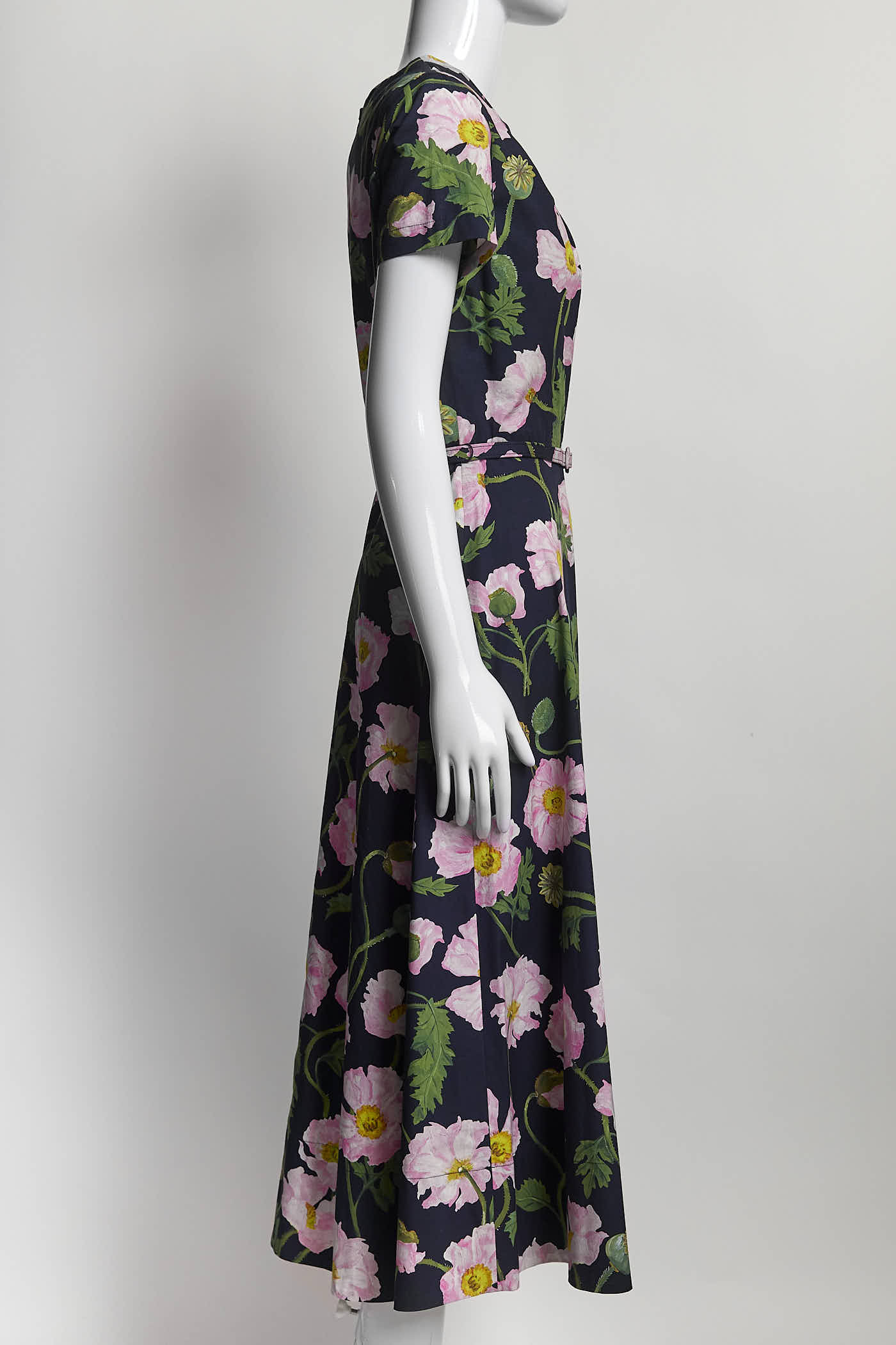 Oscar de la Renta Black/Pink Floral Short-sleeved Dress with Belt 4