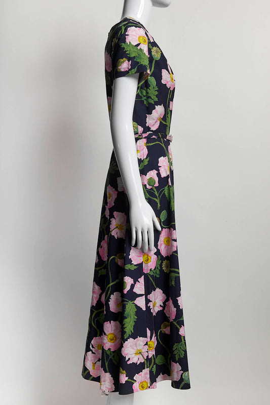 Oscar de la Renta Black/Pink Floral Short-sleeved Dress with Belt 4