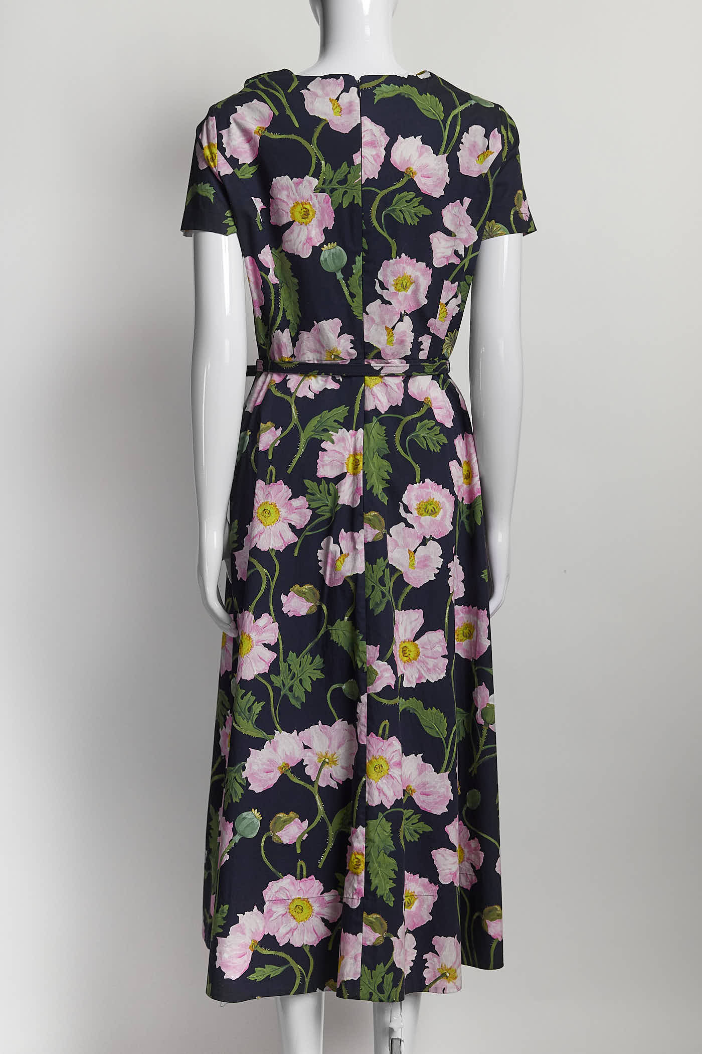 Oscar de la Renta Black/Pink Floral Short-sleeved Dress with Belt 4