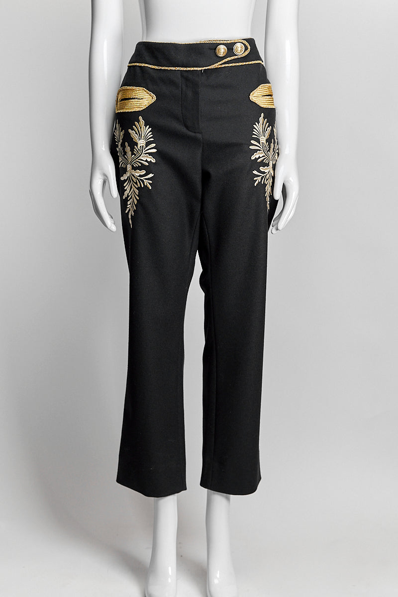 PACO RABANNE BLACK WOOL GOLD EMBROIDERED PANTS IT 42