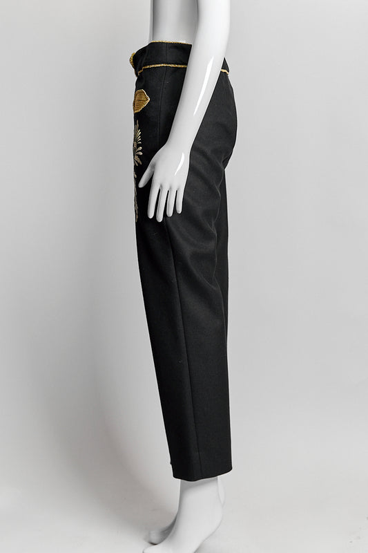 PACO RABANNE BLACK WOOL GOLD EMBROIDERED PANTS IT 42