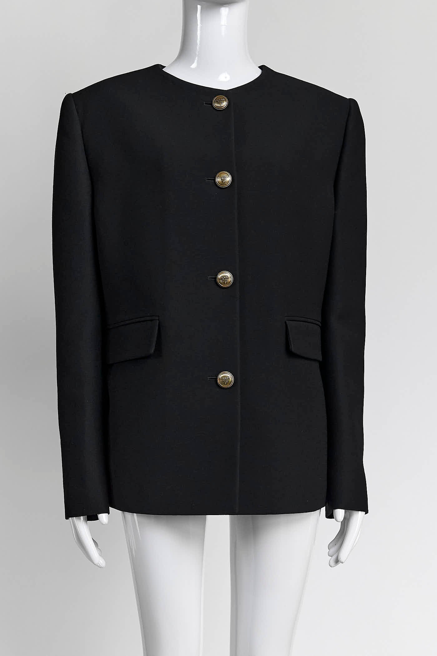 Prada Black Single-Breasted Tricotine Jacket with Gold Logo Buttons 42
