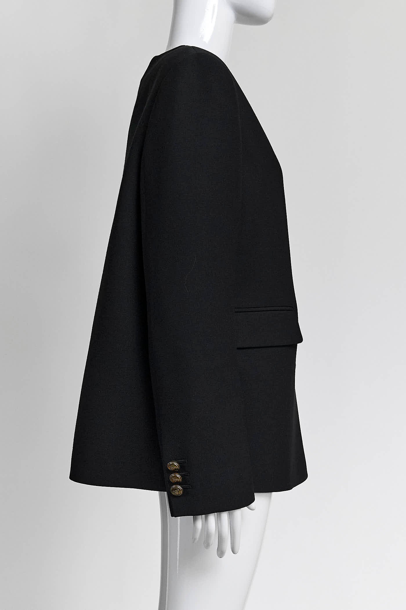 Prada Black Single-Breasted Tricotine Jacket with Gold Logo Buttons 42