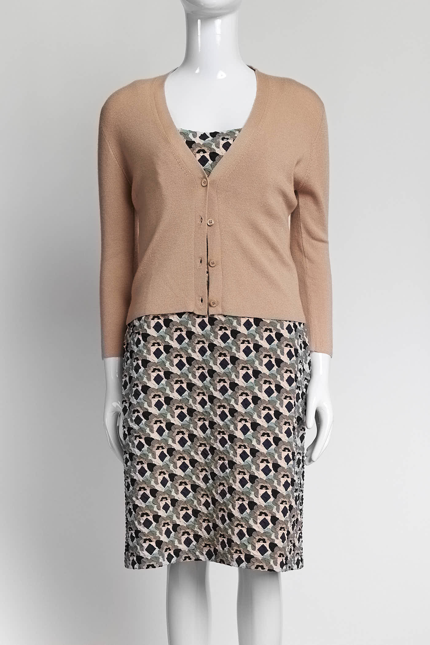 Prada Cloquet Argyle Sleeveless Dress
with Cardigan 42