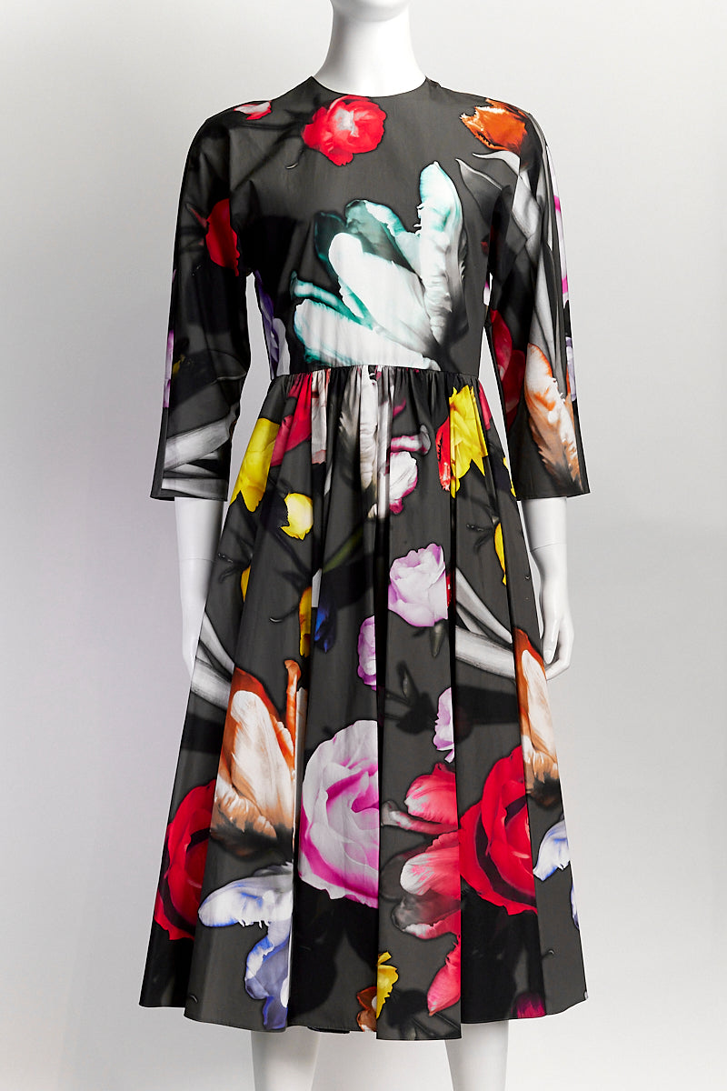 Prada Fall 2019 Silk Flower Embellished Floral Full Skirt Dress IT38