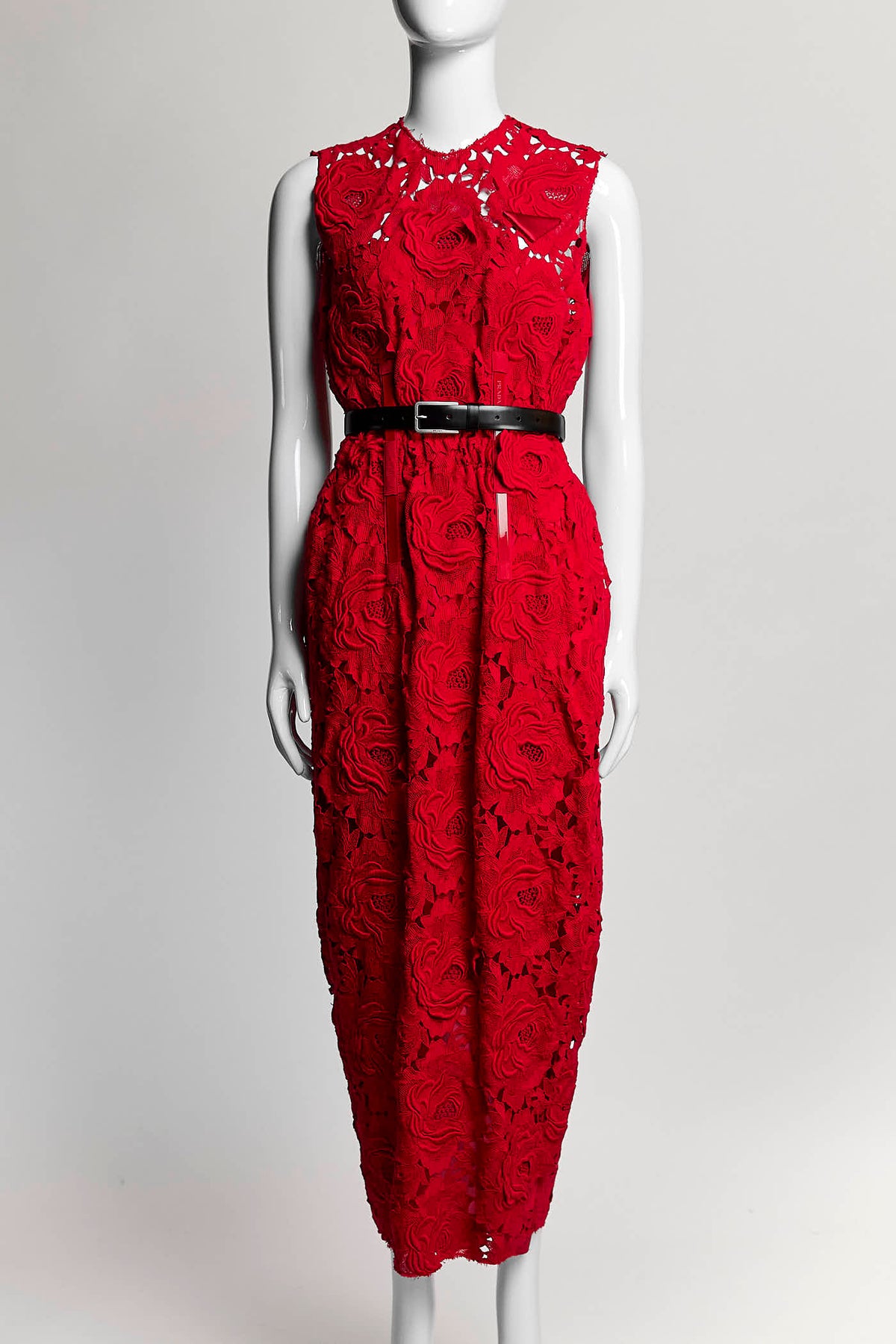 Prada Red Lace Long Dress with Black Belt 40