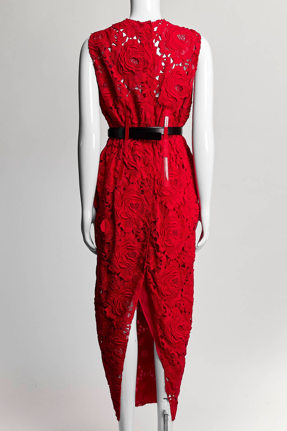 Prada Red Lace Long Dress with Black Belt 40