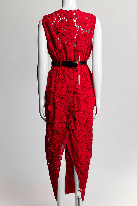 Prada Red Lace Long Dress with Black Belt 40