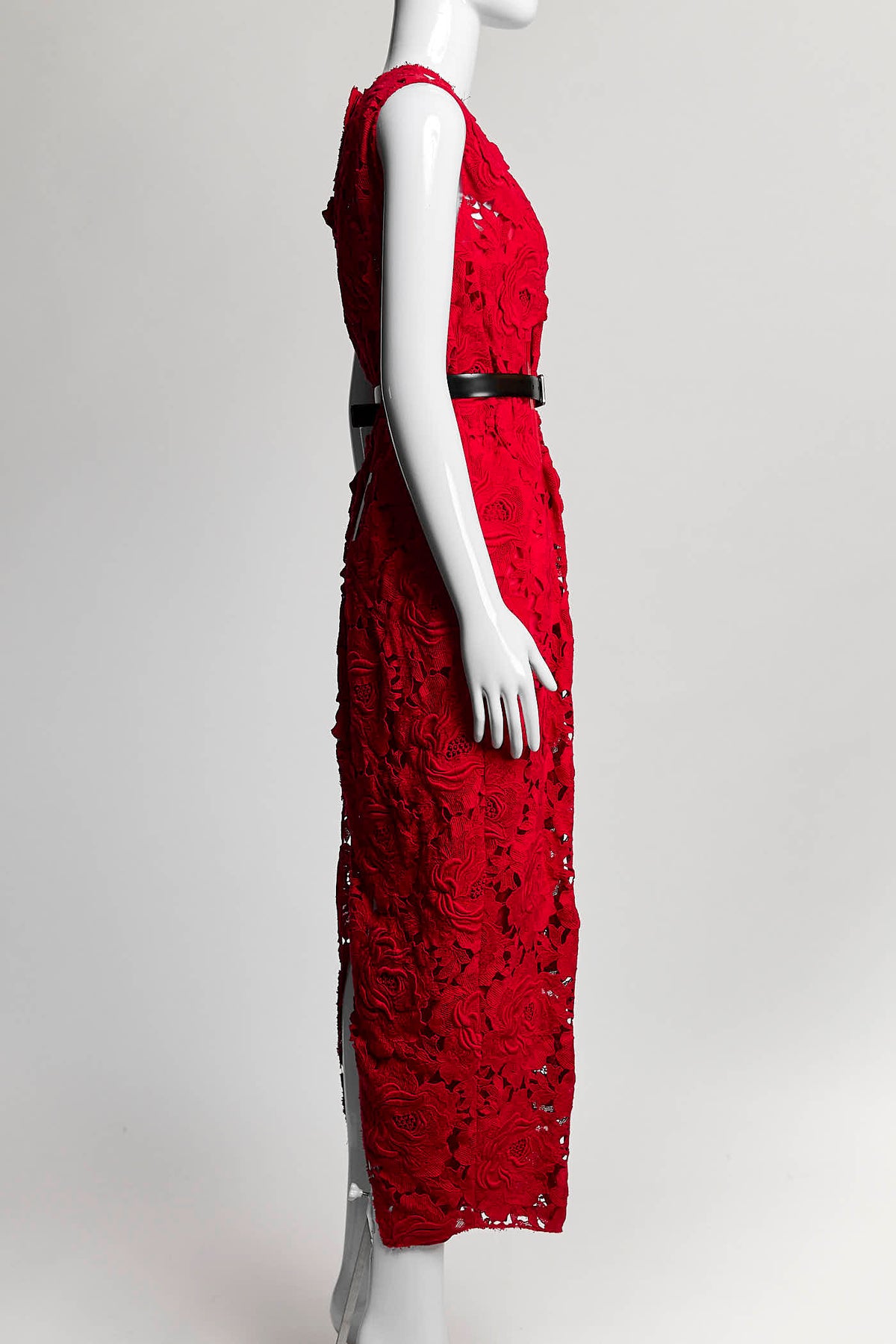 Prada Red Lace Long Dress with Black Belt 40