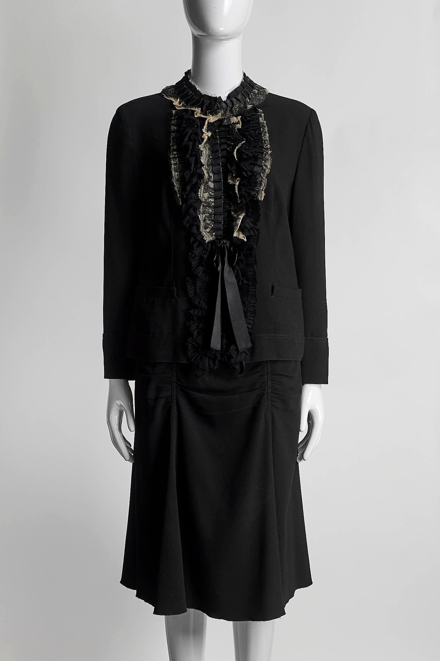 Prada Short Black Jacket with French Ruffle Details/Skirt 42