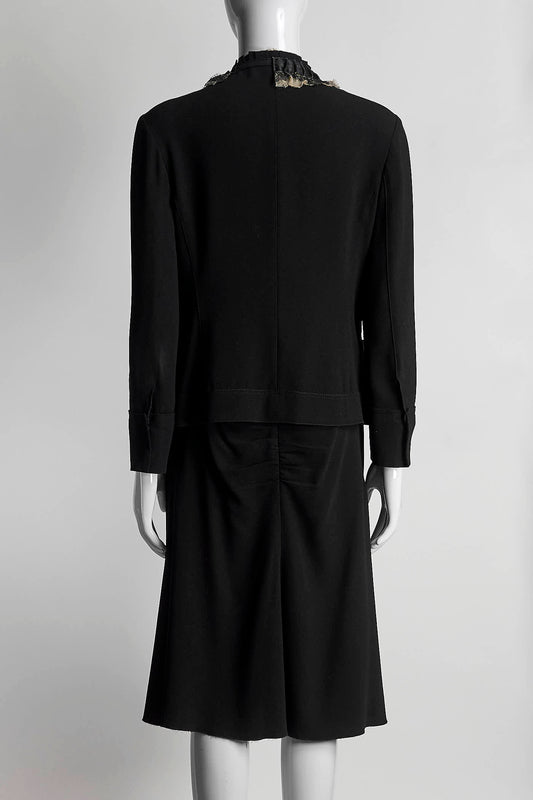 Prada Short Black Jacket with French Ruffle Details/Skirt 42