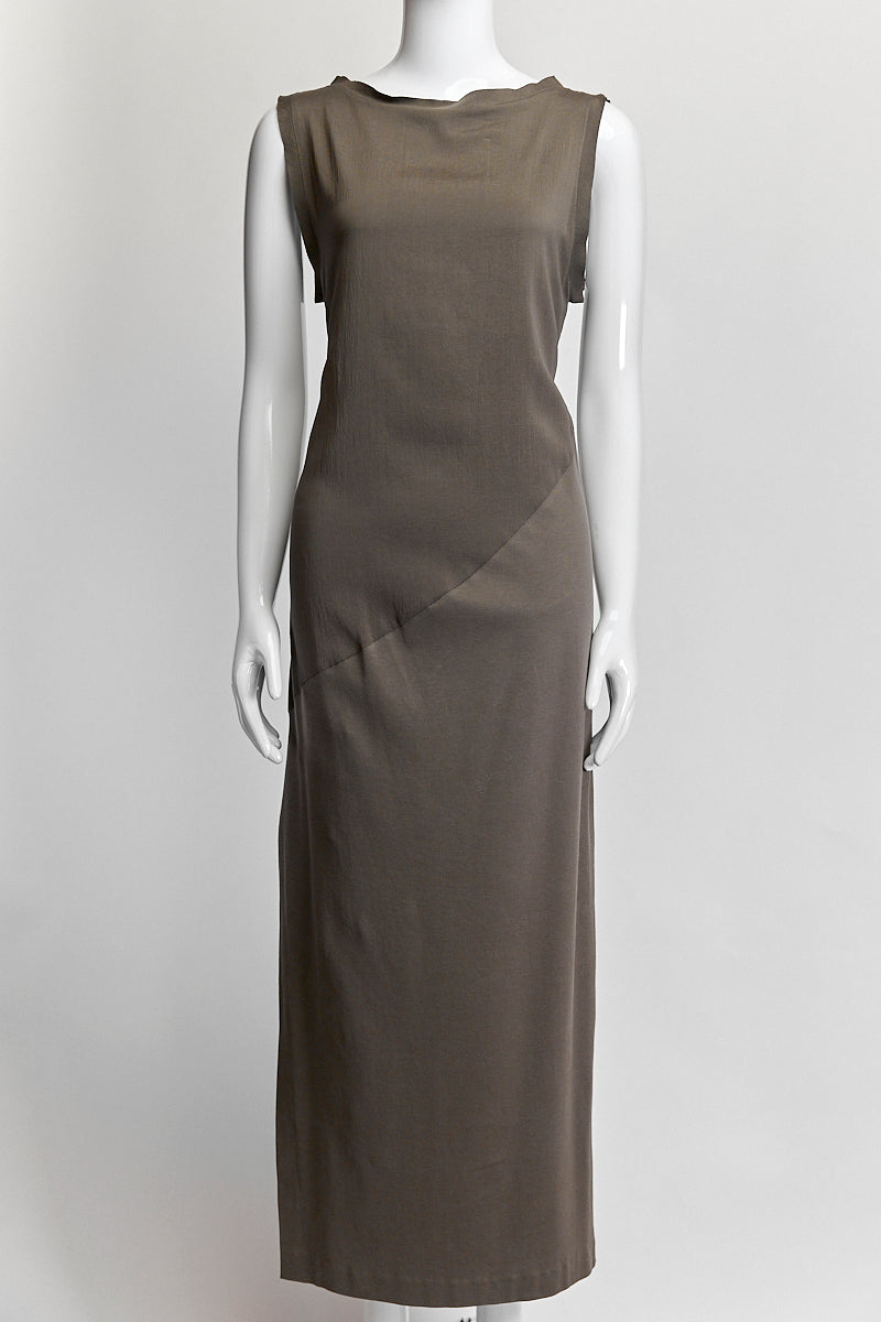 Brunello Cucinelli Dark Beige Sleeveless Draped Jersey Dress S