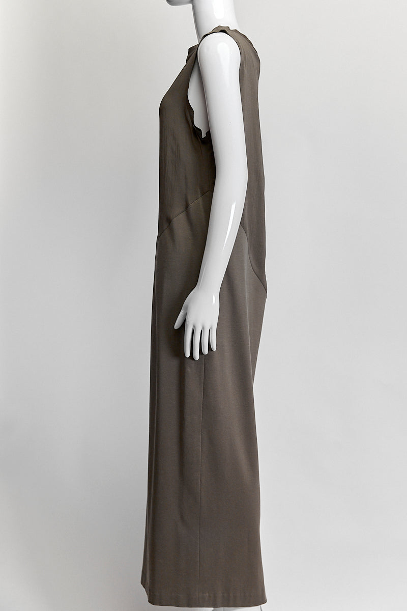 Brunello Cucinelli Dark Beige Sleeveless Draped Jersey Dress S