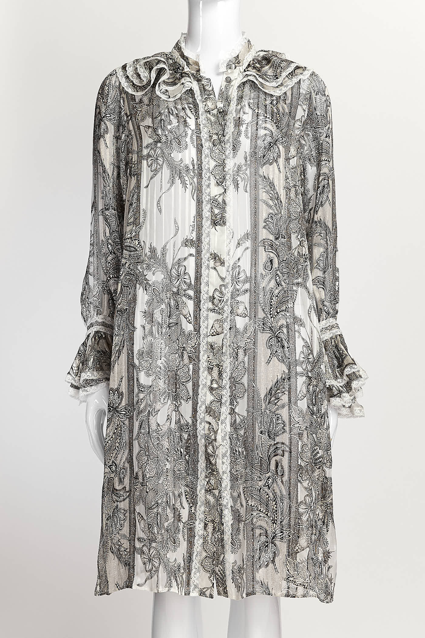 Roberto Cavalli Chiffon White/Grey Tone Paisley Print Shirt Dress 38