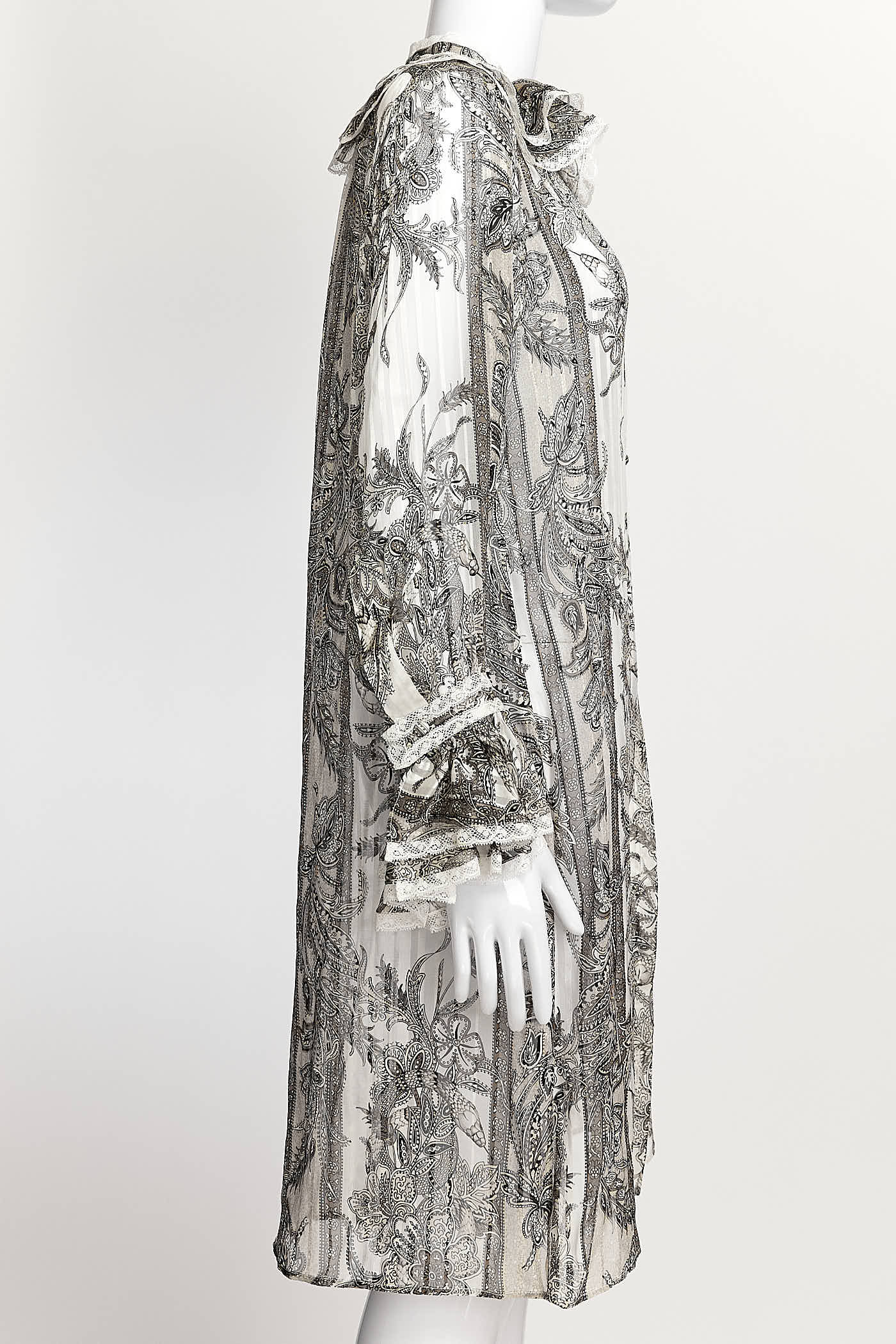 Roberto Cavalli Chiffon White/Grey Tone Paisley Print Shirt Dress 38