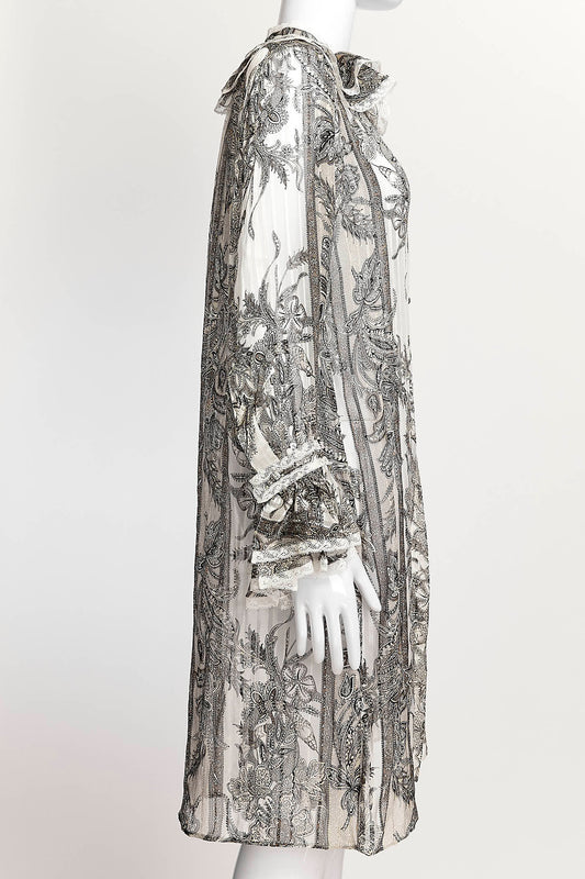 Roberto Cavalli Chiffon White/Grey Tone Paisley Print Shirt Dress 38