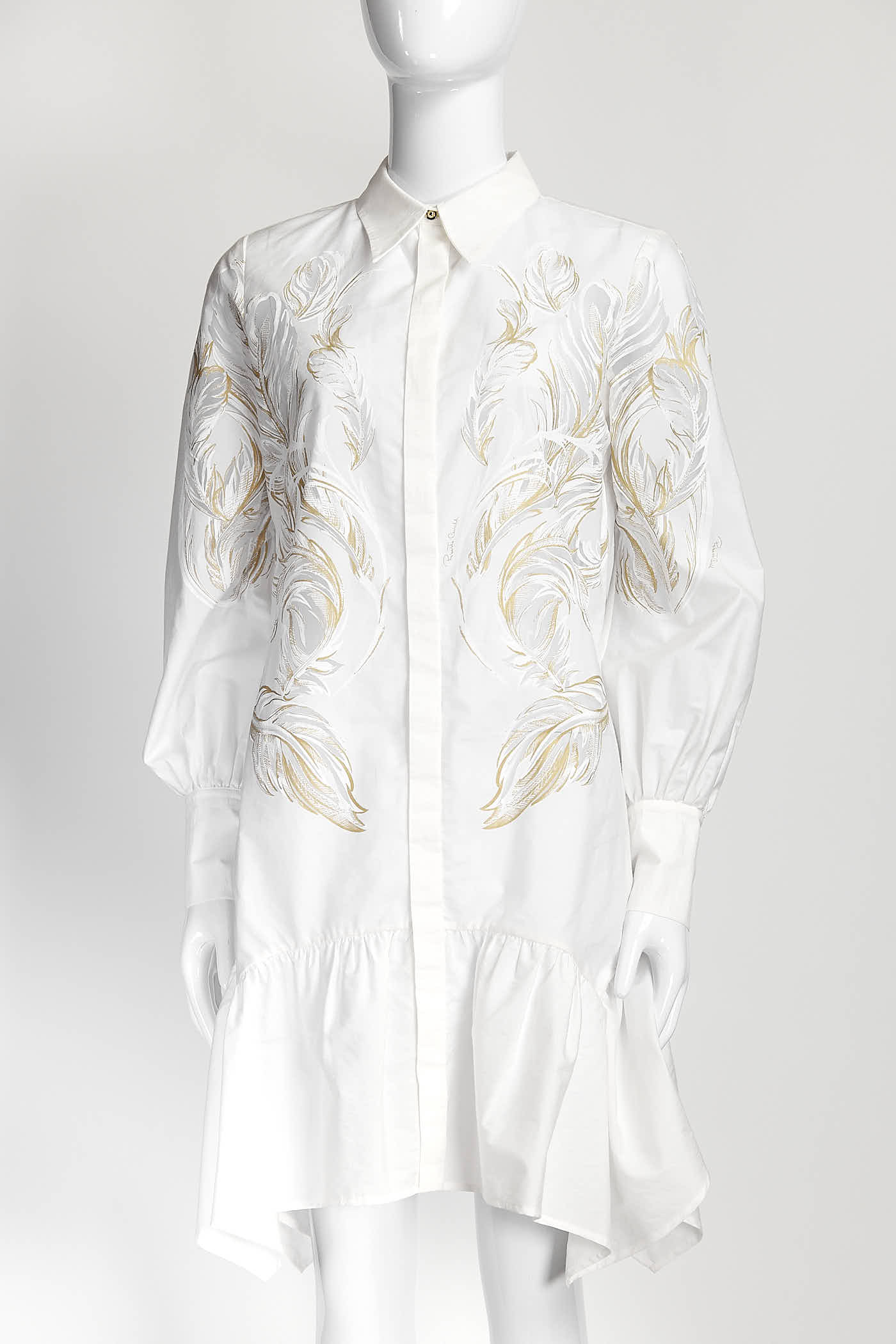 Roberto Cavalli White Brasso Feather Print Shirt Dress 38