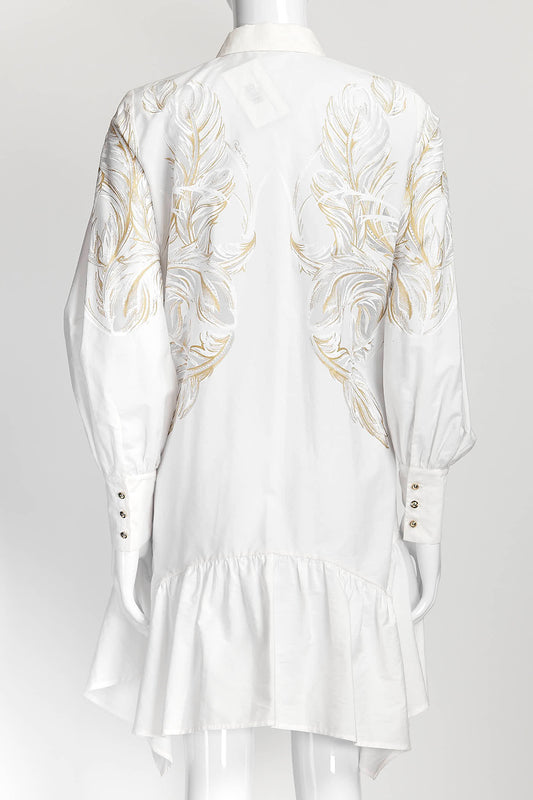 Roberto Cavalli White Brasso Feather Print Shirt Dress 38
