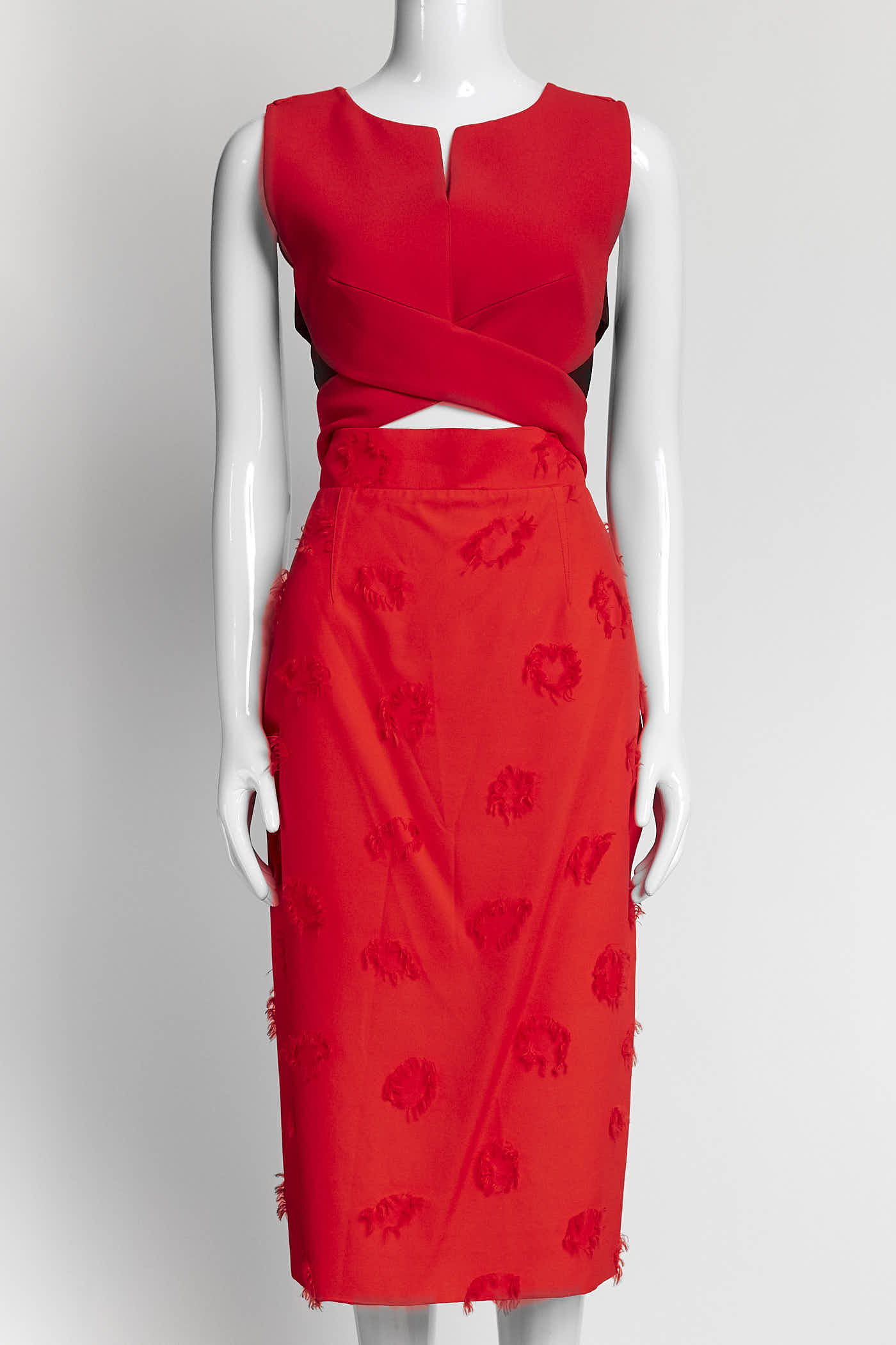 Roland Mouret Red Criss-cross Bodice and Textured Fringe Detail Dress 8