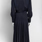 SAINT LAURENT Navy Silk Houndstooth Jacquard Long Sleeve Midi Dress 38