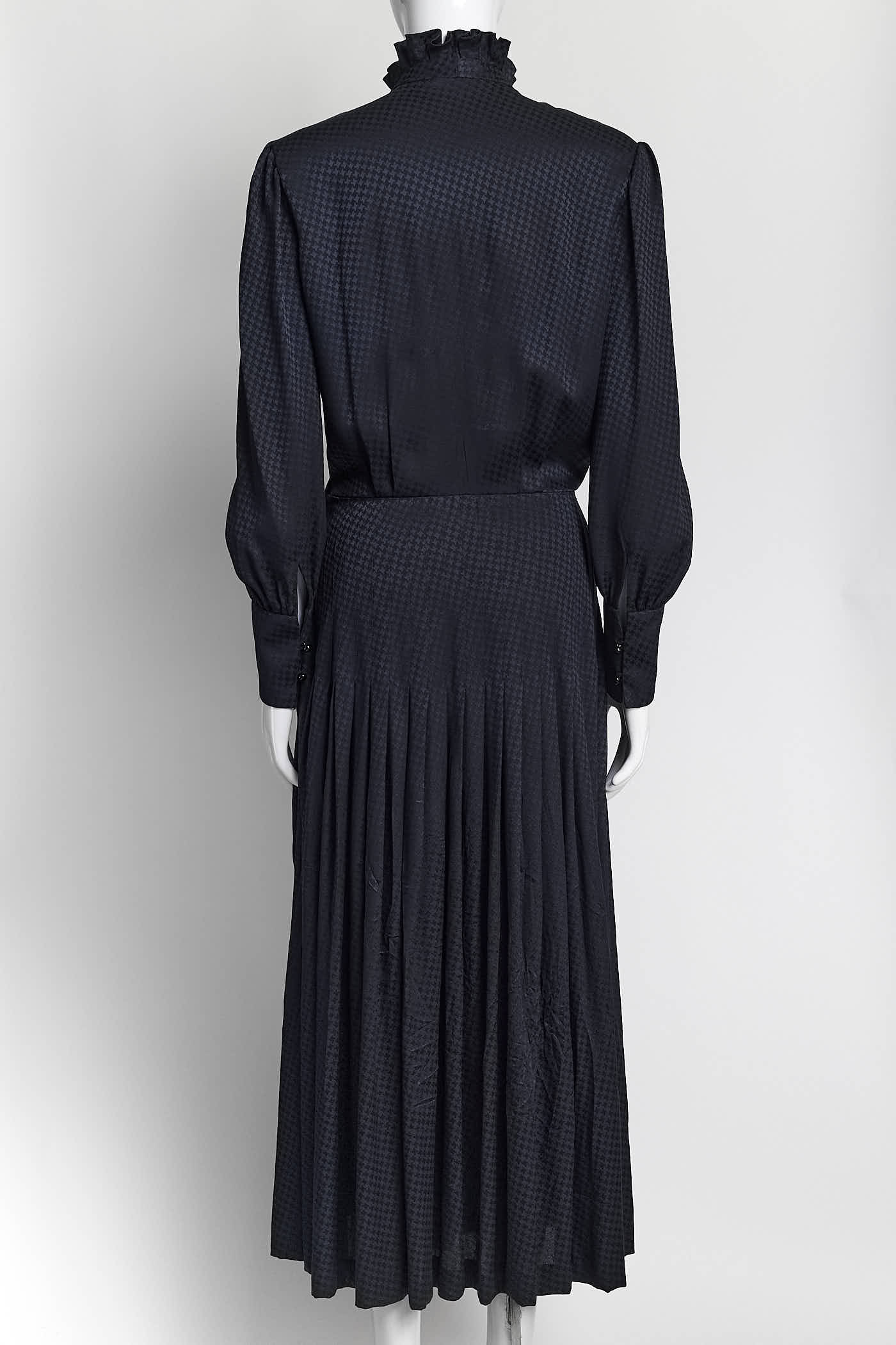 SAINT LAURENT Navy Silk Houndstooth Jacquard Long Sleeve Midi Dress 38