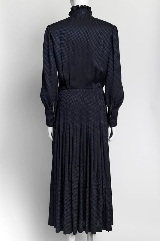 SAINT LAURENT Navy Silk Houndstooth Jacquard Long Sleeve Midi Dress 38