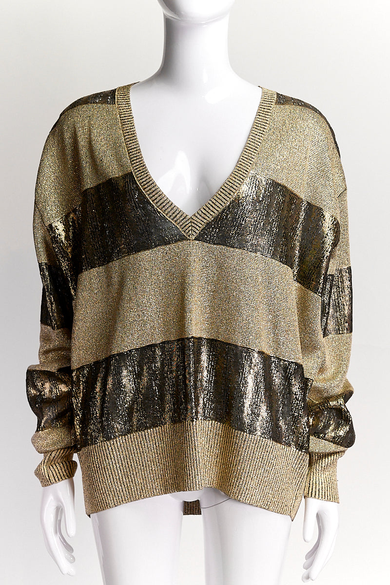 Saint Laurent Gold Striped Linen Blend V-Neck Sweater L