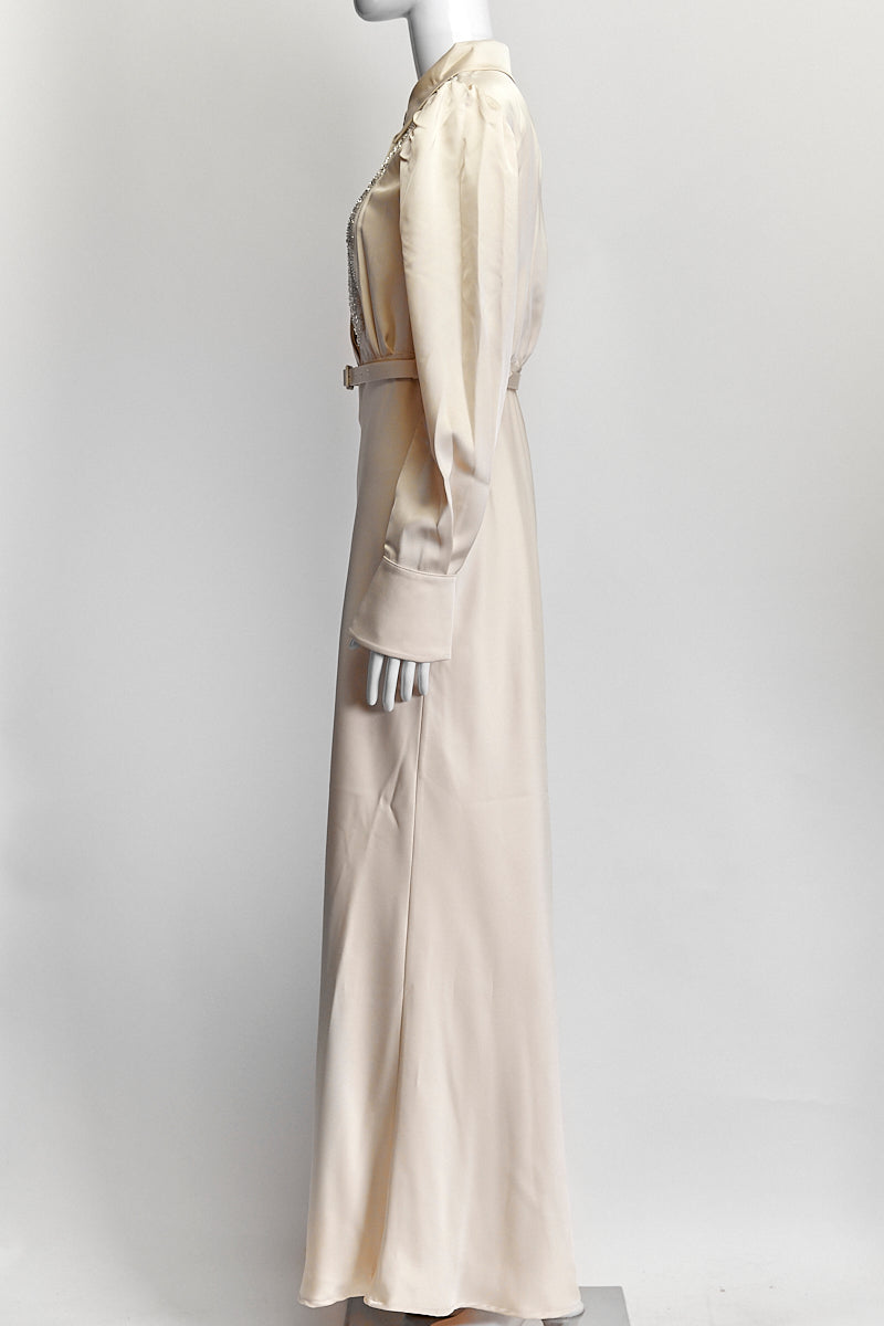 Self-Portrait Cream Satin Embellished Bib Maxi Dress US 6