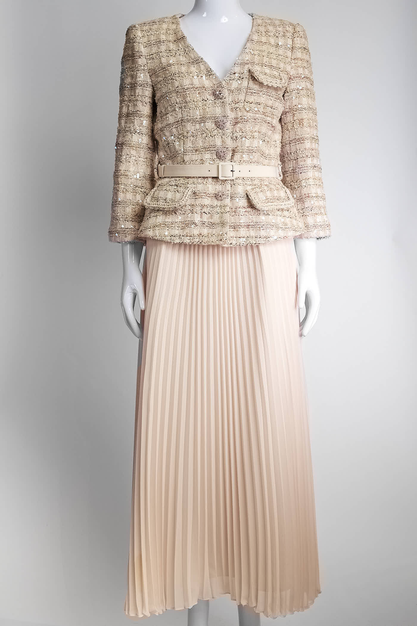 Self-Portrait Pink Tweed Sequin Blazer with Pink Pleated Skirt 4