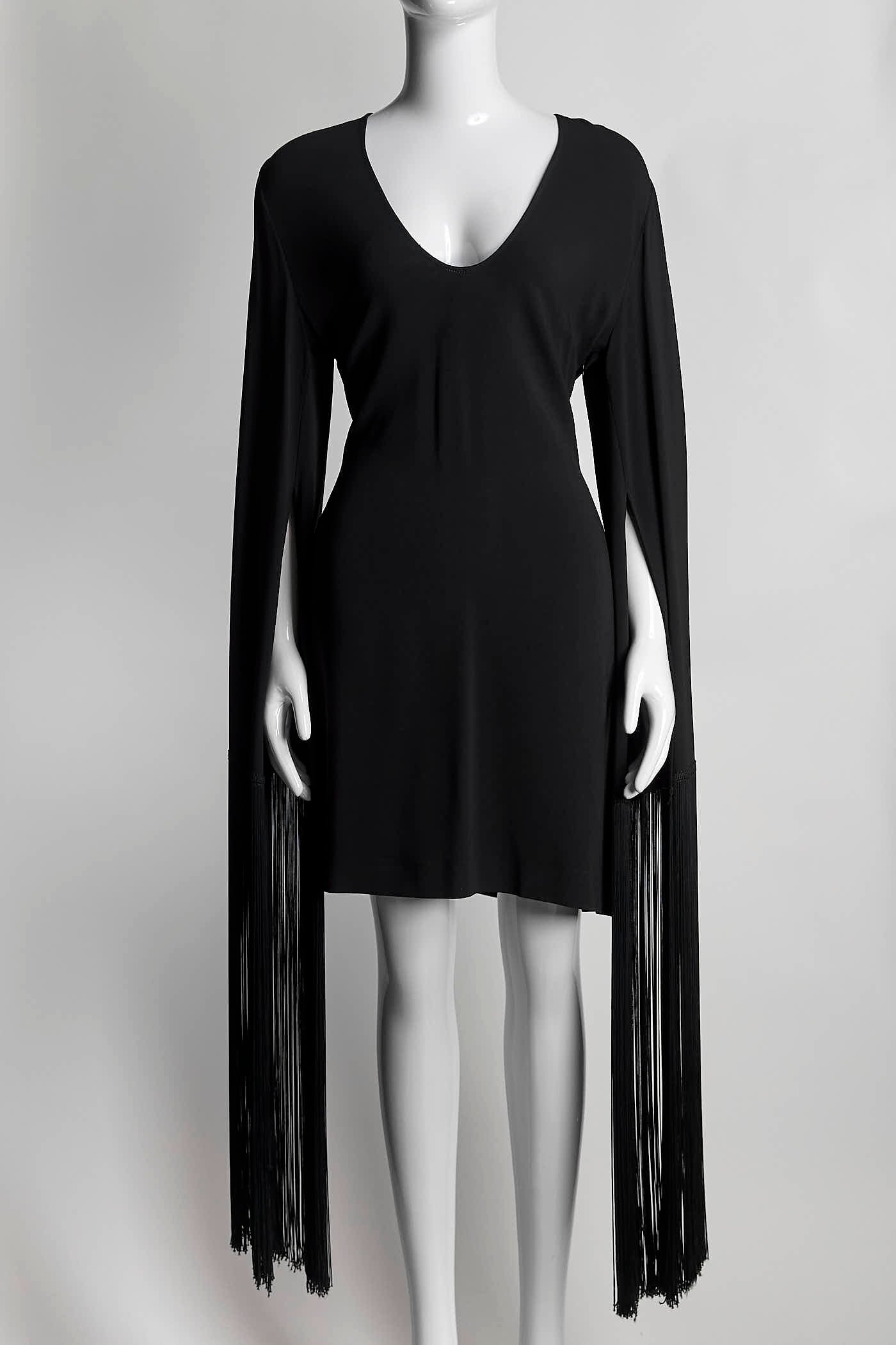 Stella Mccartney Long Black Fringed Cuff V-neck Dress 38