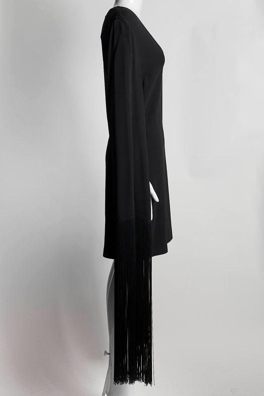 Stella Mccartney Long Black Fringed Cuff V-neck Dress 38