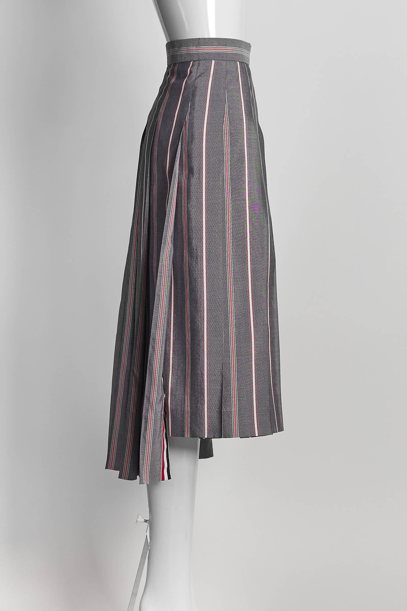 Thom Browne Grey Pleated Striped Midi Skirt 46