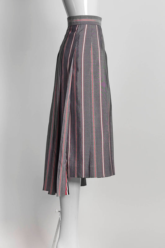 Thom Browne Grey Pleated Striped Midi Skirt 46