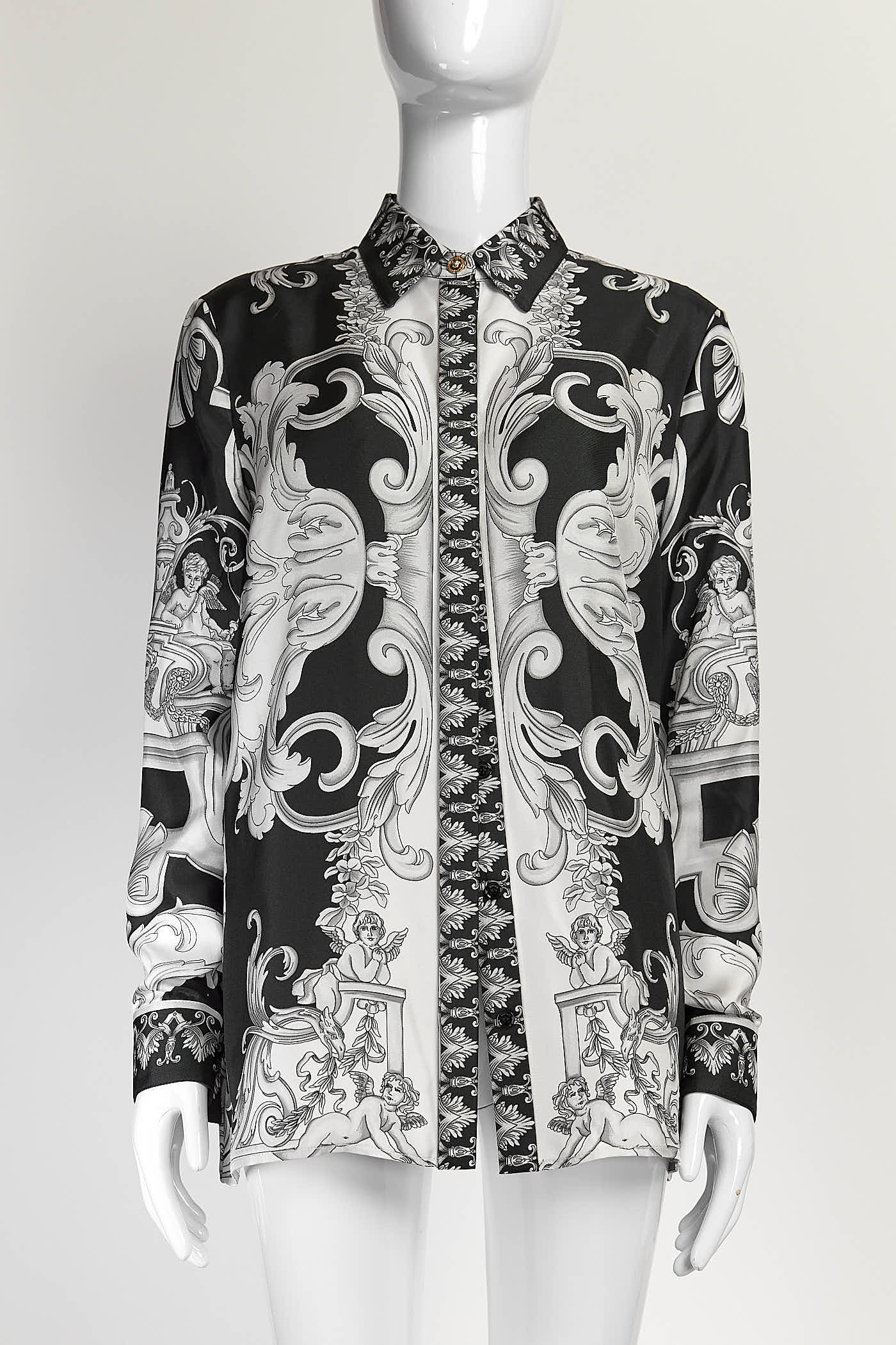 Versace Black/White Printed Silk Shirt/Top 40