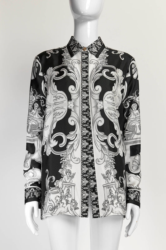 Versace Black/White Printed Silk Shirt/Top 40