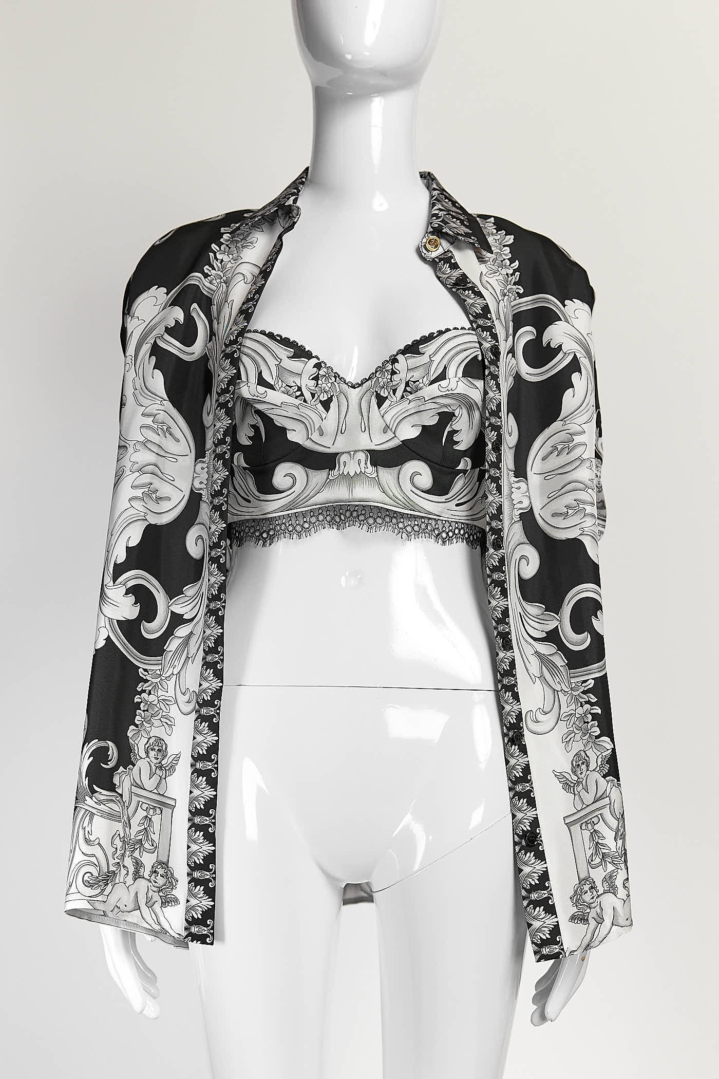 Versace Black/White Printed Silk Shirt/Top 40