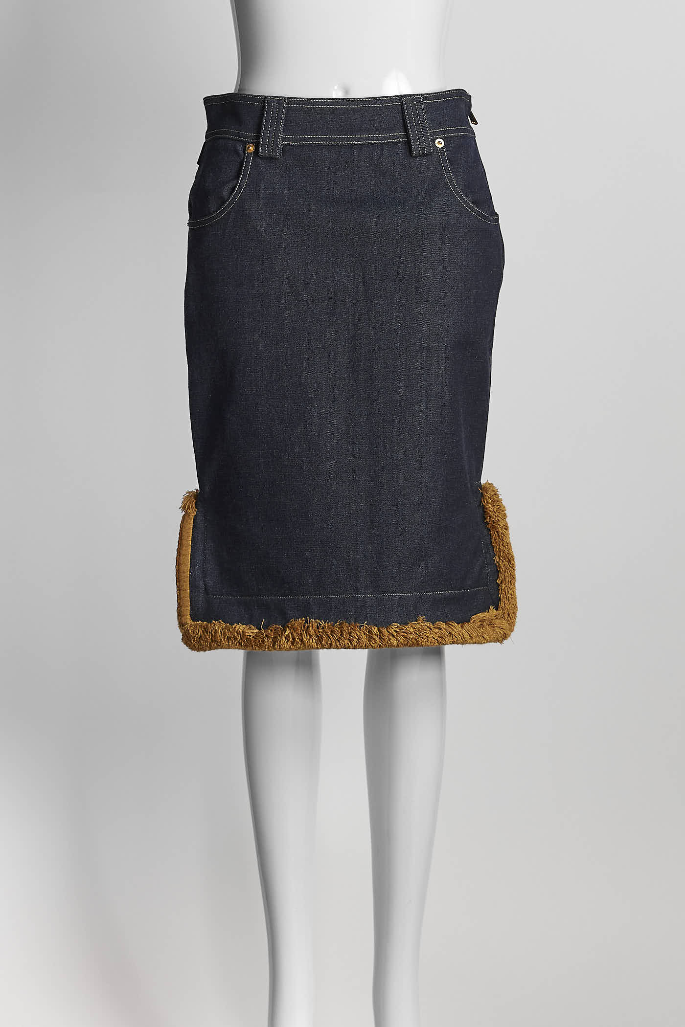 Versace Blue Denim Skirt w/Gold Boroque Patches Gold Brass Logo 38