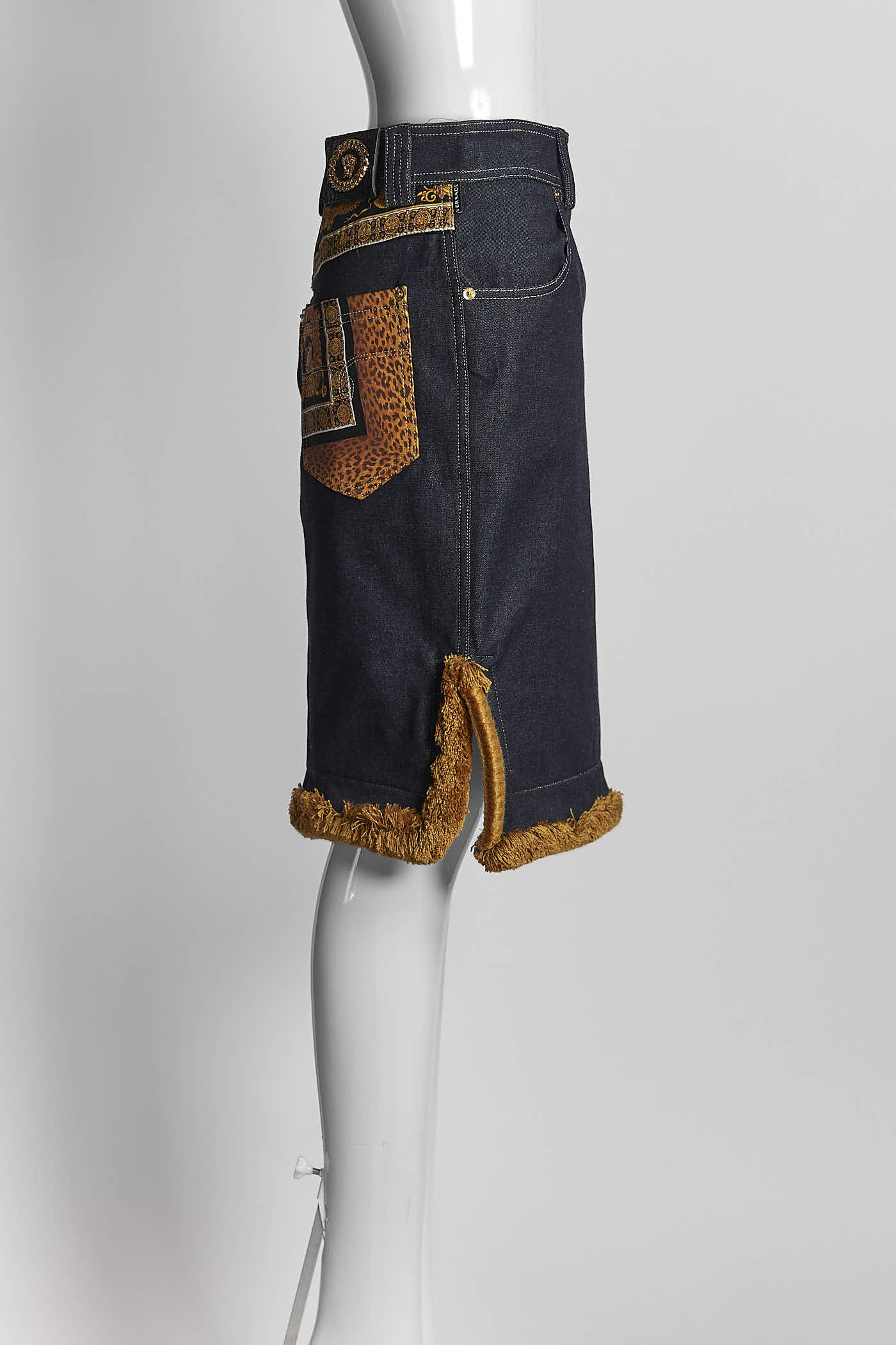 Versace Blue Denim Skirt w/Gold Boroque Patches Gold Brass Logo 38