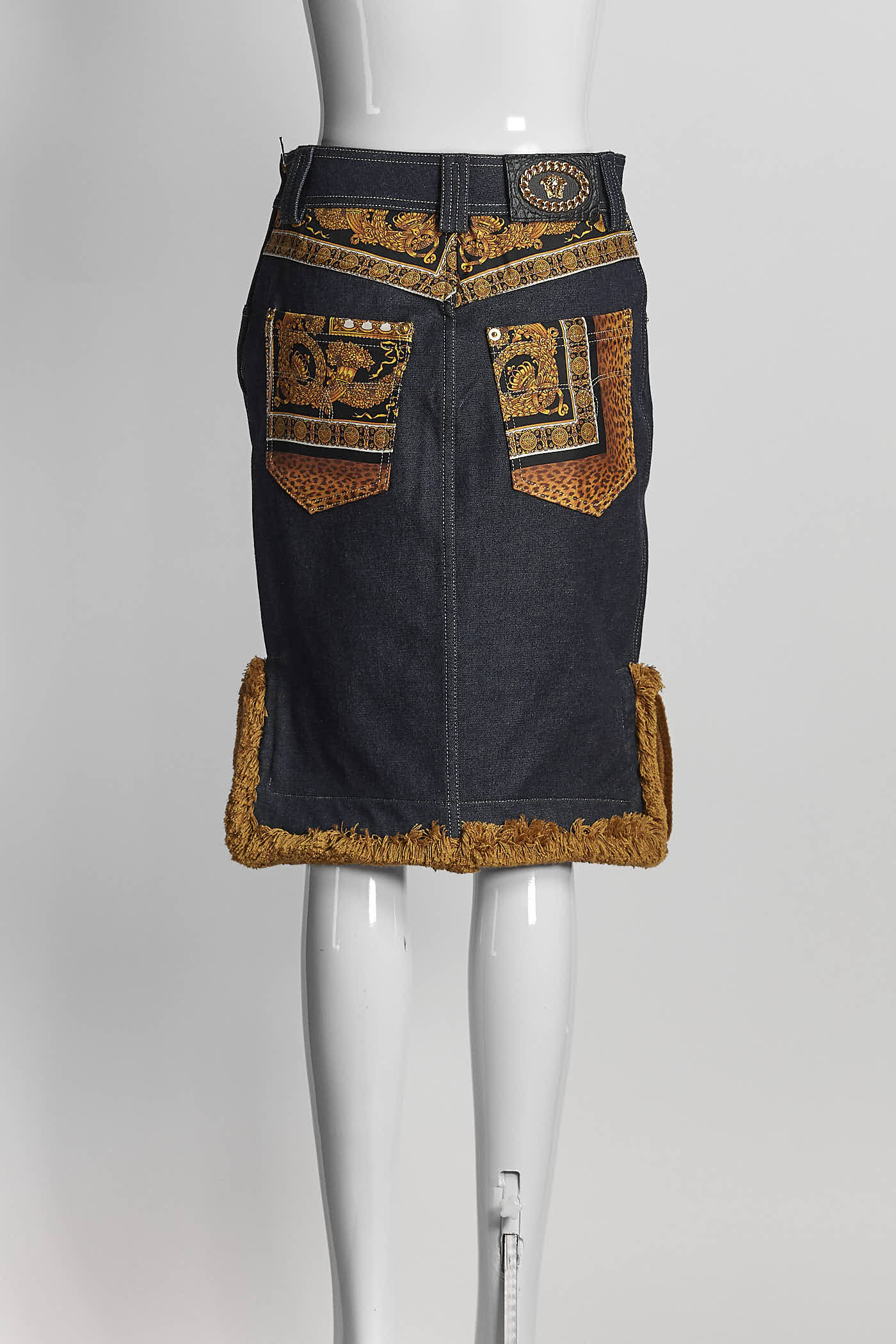 Versace Blue Denim Skirt w/Gold Boroque Patches Gold Brass Logo 38